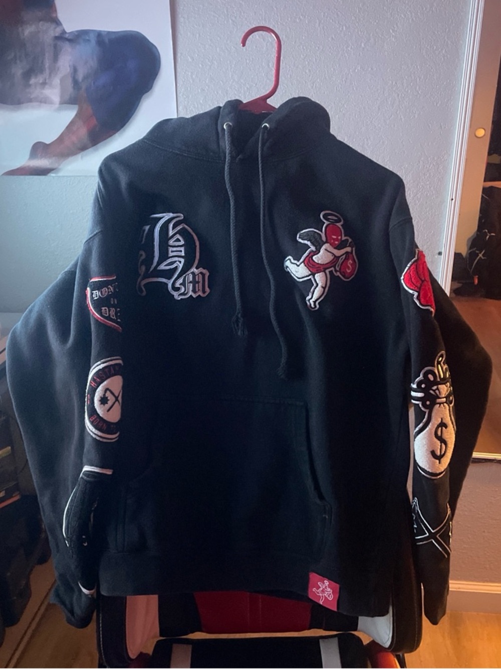 Black Graphic Patch Hoodie with Red & White Accents